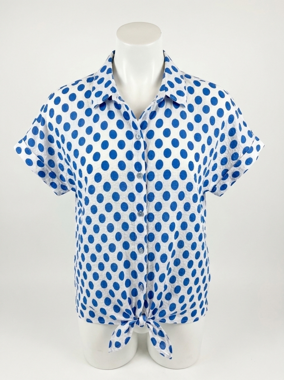 NEW MULTIPLES women's polka dot blouse in white / royal